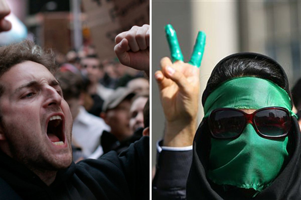 Occupy Wall Street protesters shout slogans during a protest at Times Square in New York. Right: Supporters of opposition leader Mir Hossein Mousavi, as they listen to his speech at a demonstration in Tehran on Thursday June, 18, 2009.  (Reuters/AP)