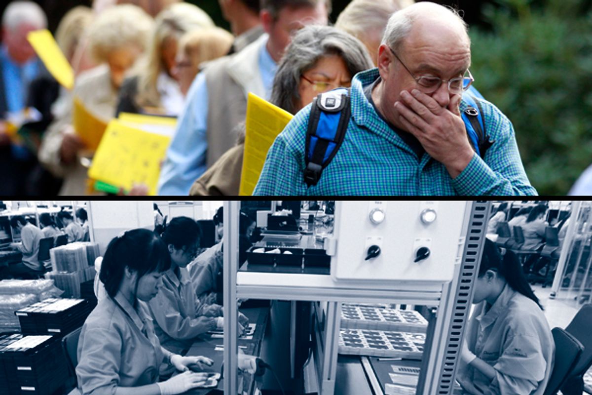 Employees of Pantech work at an assembly line in Gimpo, northwest of Seoul, April 28, 2011. Top: Jay Kober, 60, of Portland, who has been unemployed for 10 months, waits in line with others during the 2011 Maximum Connections Job and Career Fair in Portland, Ore.      (Reuters/AP)