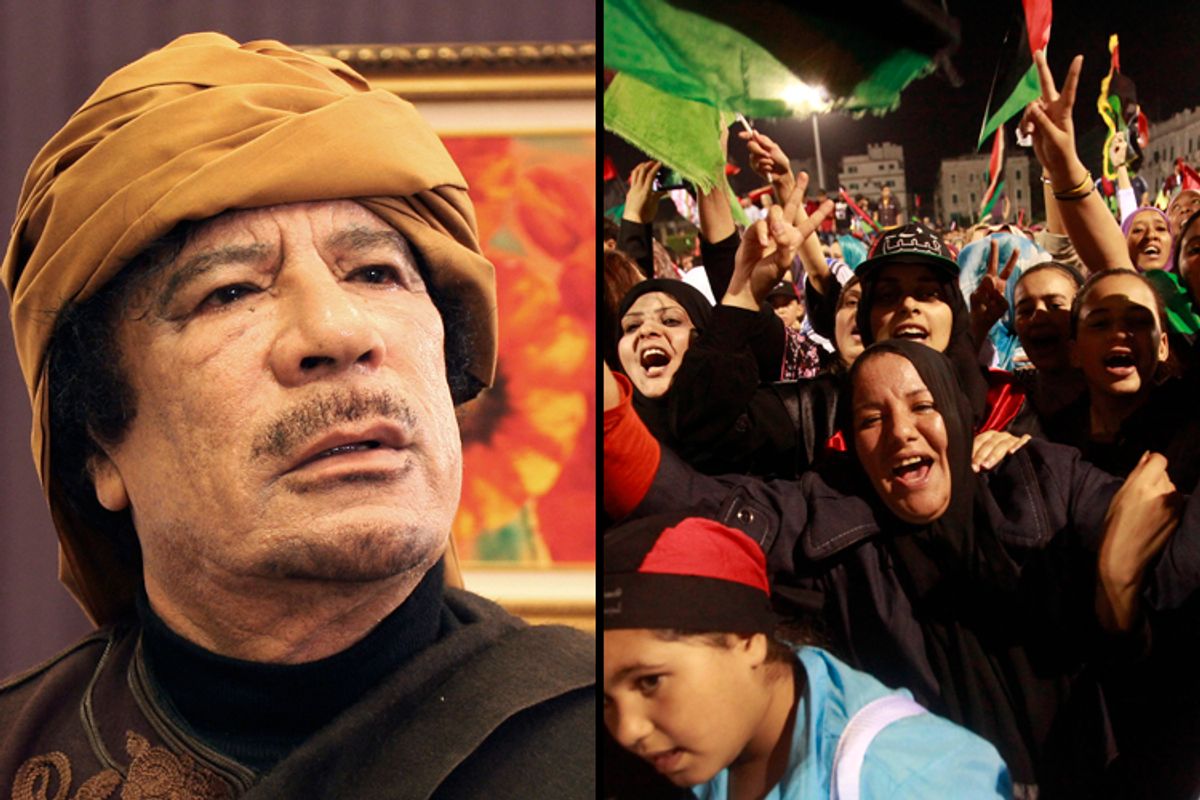  Left: Muammar Gaddafi. Right: Libyans celebrate his death.   (Reuters)