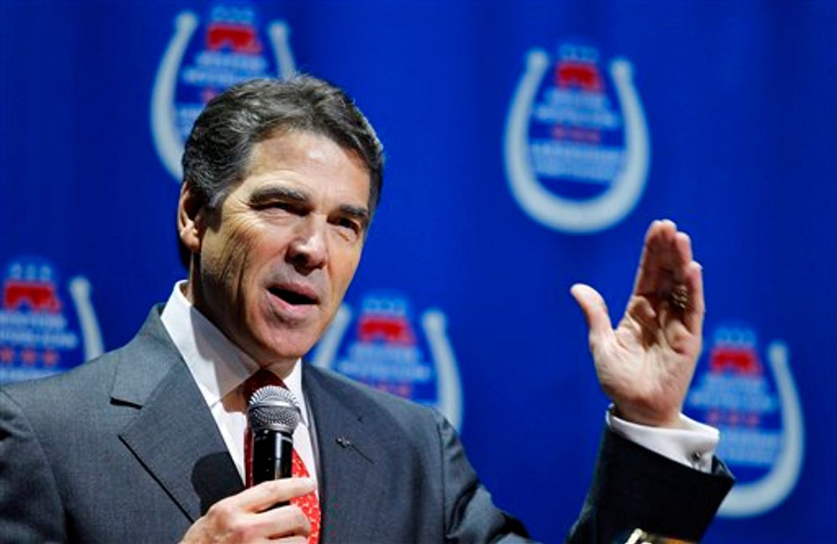 Republican presidential candidate, Texas Gov. Rick Perry delivers a keynote address during the Western Republican Leadership Conference, Wednesday, Oct. 19, 2011, in Las Vegas. (AP Photo/Isaac Brekken)   (AP)