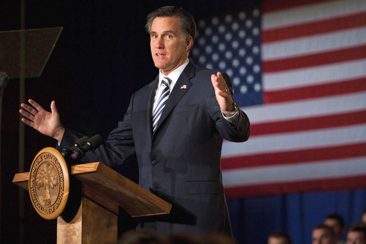 Republican presidential candidate Mitt Romney speaks to Citadel cadets and supporters during a campaign speech inside Mark Clark Hall on The Citadel campus in Charleston, S.C., Friday Oct. 7, 2011.   (AP)