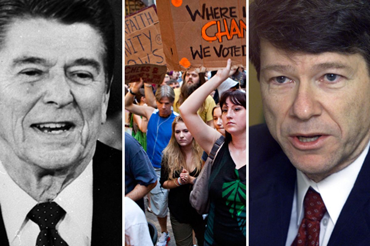  Former president Ronald Reagan, left. Center: Protesters affiliated with the "Occupy Wall Street" protests march through the Financial District in New York. Right: Jeffrey Sachs  (AP)