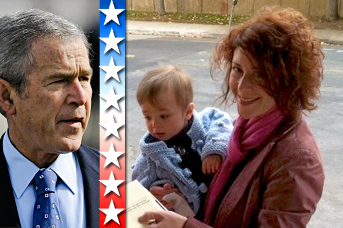 Left: George W. Bush. Right: The author's wife holds their son as she mails her ballot for the election.  (AP/Courtesy of the author)