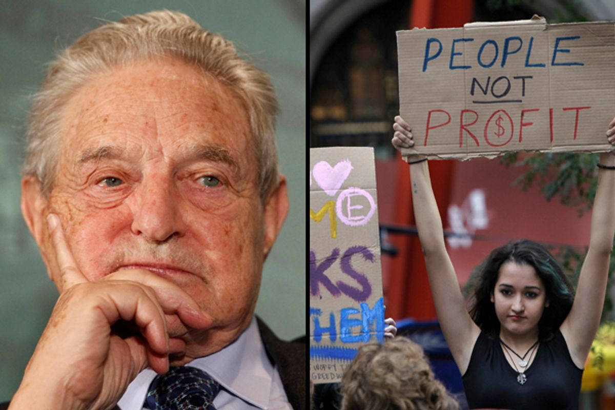 George Soros, left. Right: A young woman holds up a sign as passersby take in the scene at the Occupy Wall Street headquarters at Zuccotti Park in New York, Tuesday, Oct. 11, 2011.    (AP/Stefan Wermuth, Reuters)