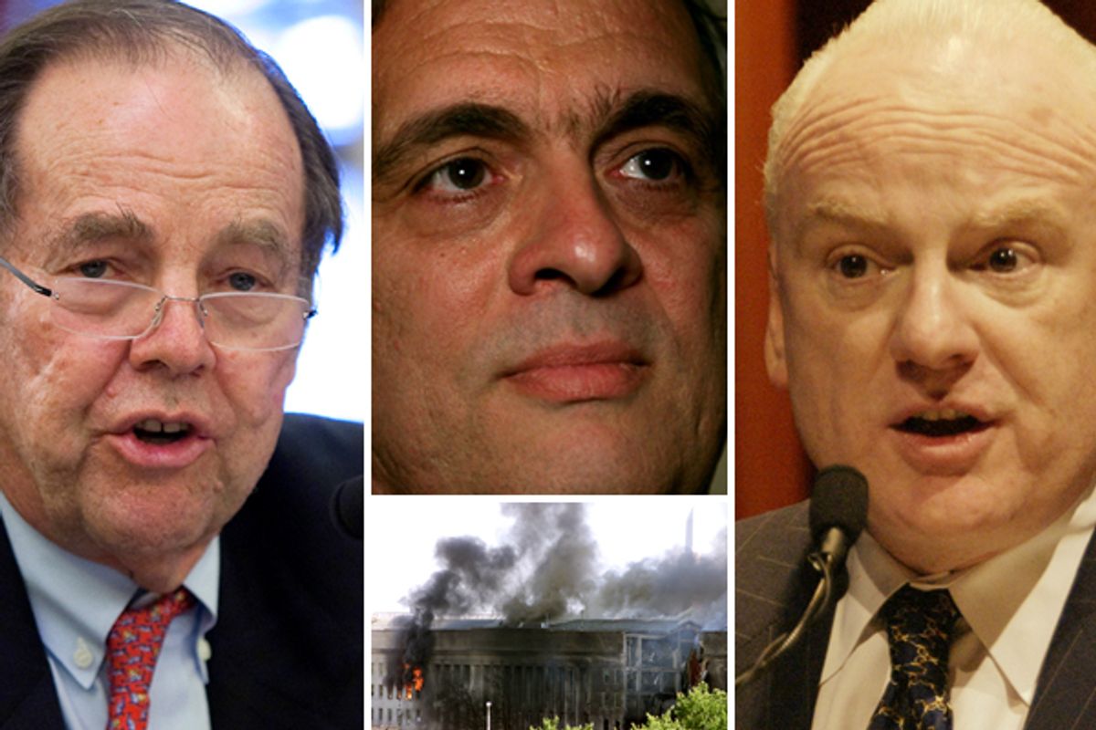 Tom Kean, George Tenet, Richard Clarke. Inset: The Pentagon on fire after an aircraft crashes into it, Sept. 11, 2001.    