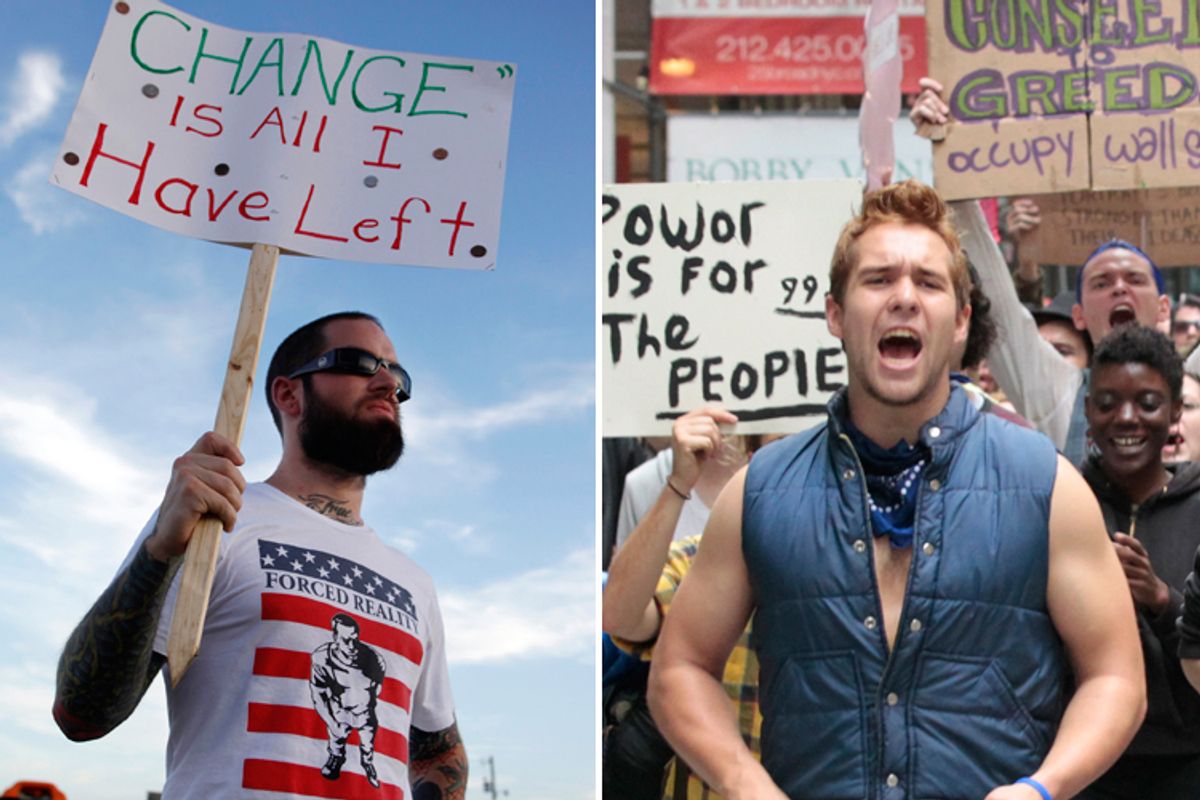 Left: A protester at America's Tea Party in Parker, Texas; Right: Protesters at the Occupy Wall Street campaign in New York  (Rebecca Cook/Brendan McDermid/Reuters)