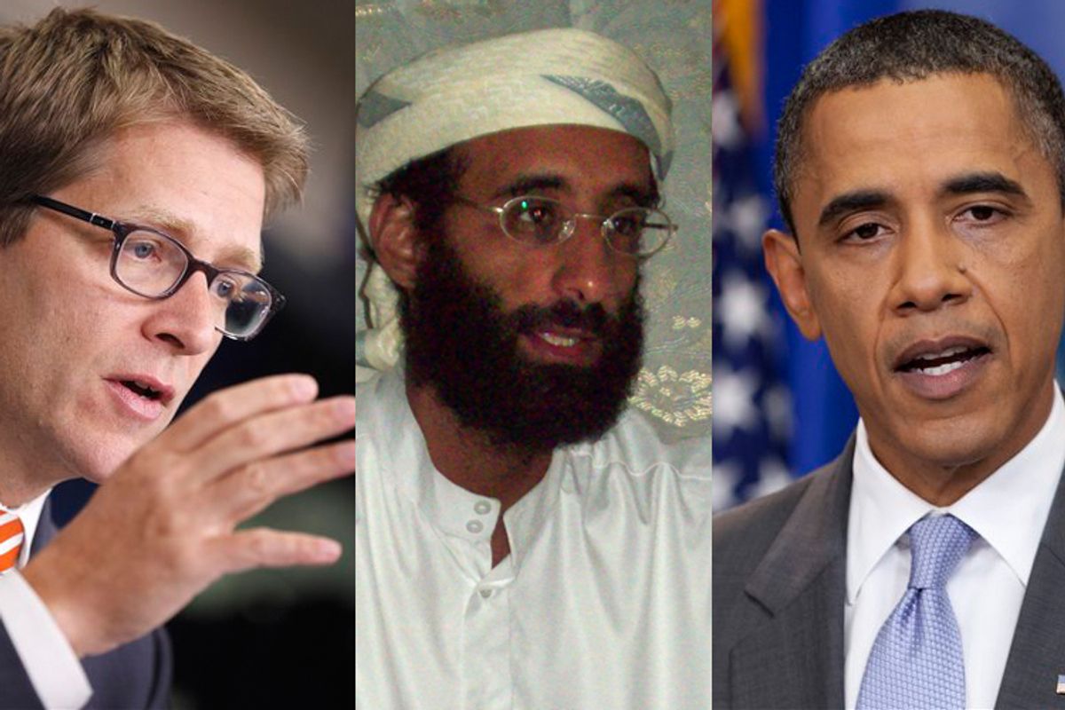  Jay Carney, Al Awlaki and President Barack Obama (AP/<a href='http://upload.wikimedia.org/wikipedia/commons/e/ef/Awlaki_1008.JPG'>Muhammad ud-Deen</a>)