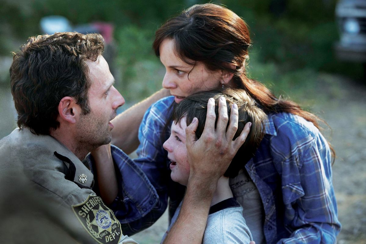  Fresh meat! Andrew Lincoln, Sarah Wayne Callies and Chandler Riggs on AMC's "The Walking Dead." (Credit: AMC.)    