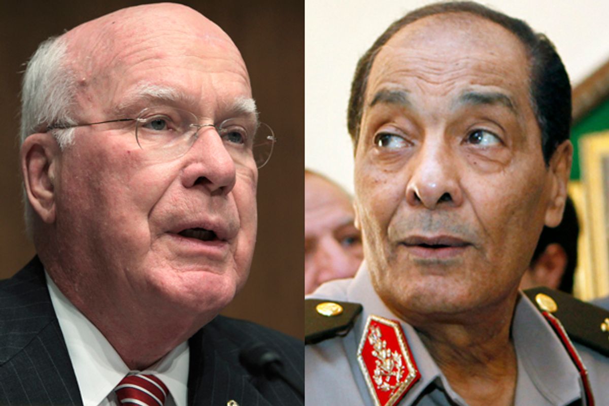 Sen. Patrick Leahy, left, and Field Marshal Mohamed Hussein Tantawi, head of Egyptian armed forces            (AP/Reuters)