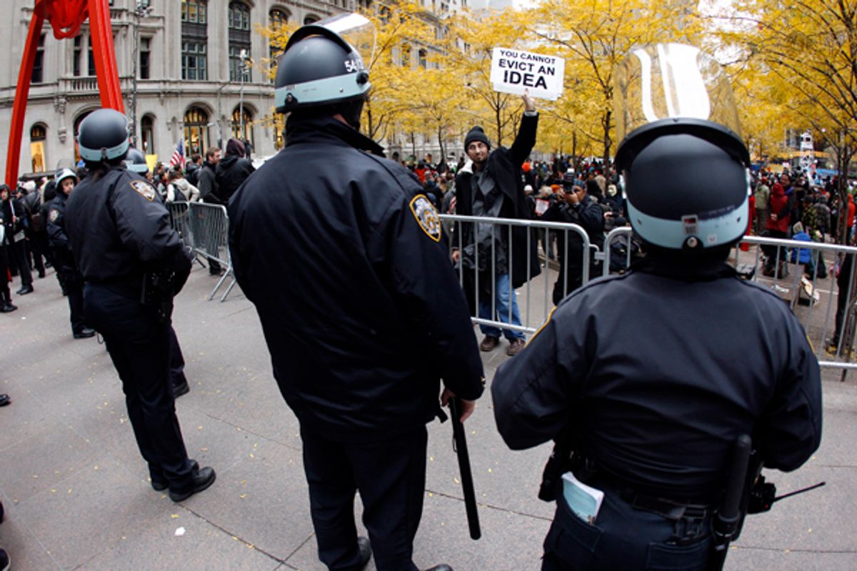 New York City Police stand outside Zuccotti Park during Occupy Wall Street demonstrations in lower Manhattan.    (Mike Segar / Reuters)