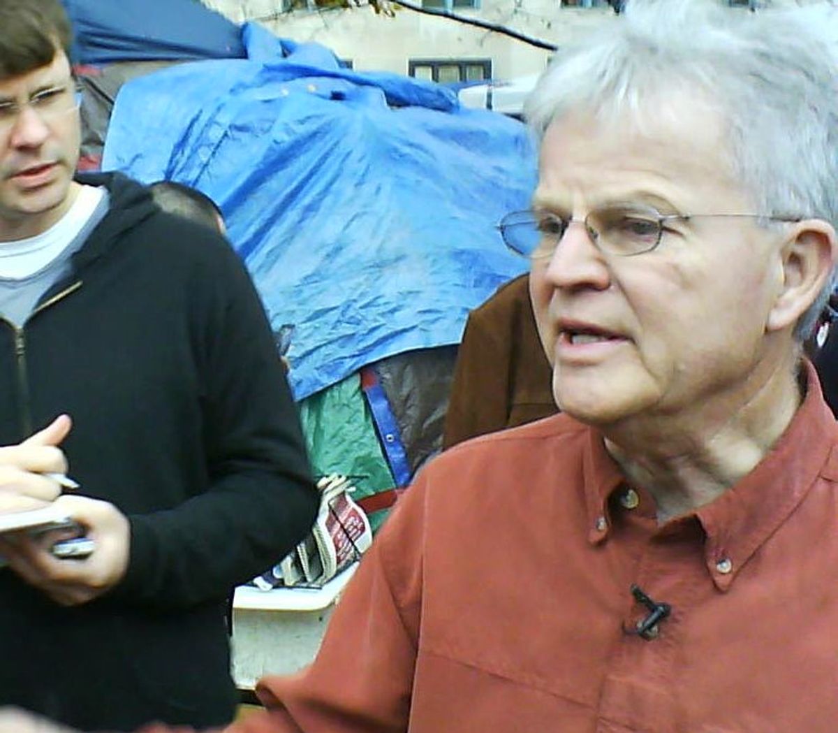  Republican presidential candidate Buddy Roemer visits Occupy DC on Nov. 23. 
   (Zaid Jilani)
