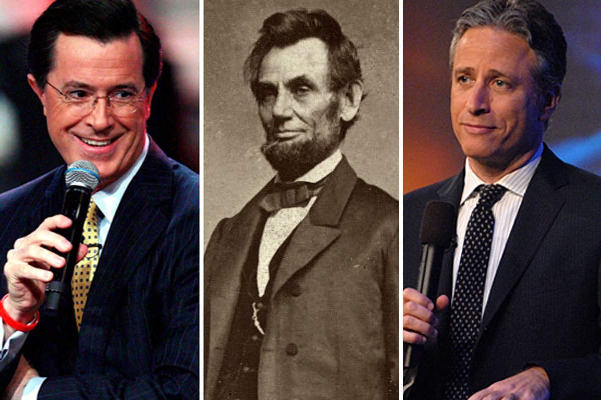  Stephen Colbert, President Abraham Lincoln, Jon Stewart      (AP/<span about='http://www.flickr.com/photos/george_eastman_house/2719970005/' xmlns:cc='http://creativecommons.org/ns#'><a href='http://www.flickr.com/photos/george_eastman_house/2719970005/' rel='cc:attributionURL' target='_blank'>George Eastman House</a> / <a href='http://creativecommons.org/licenses/by/3.0/' rel='license' target='_blank'>CC BY 3.0</a></span>)