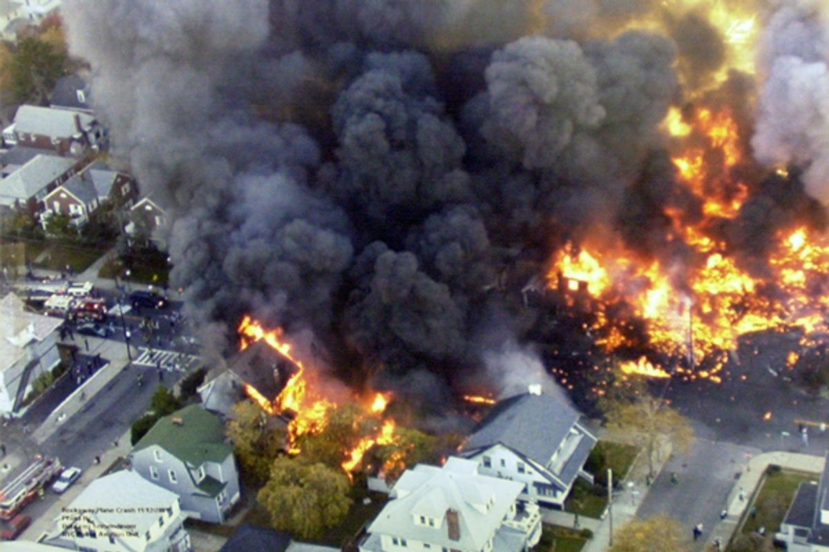 New York's Belle Harbor neighborhood, after the crash of American Airlines Flight 587 on Nov. 12, 2001.    (AP/New York Police Department)