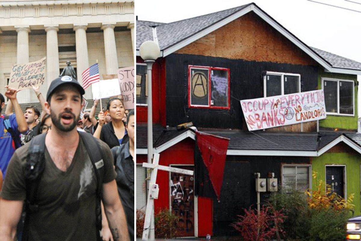 Occupy protesters (left) and a formerly boarded-up duplex taken over by protesters in Seattle's Central District this month.    (AP/Louis Lanzano/Elaine Thompson)