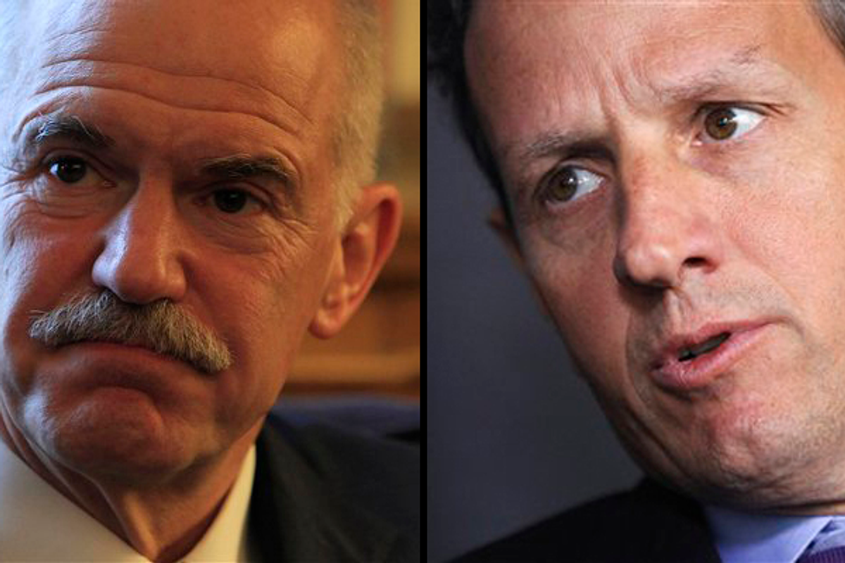  Left: Greek Prime Minister George Papandreou; Right: Tim Geithner         (AP)