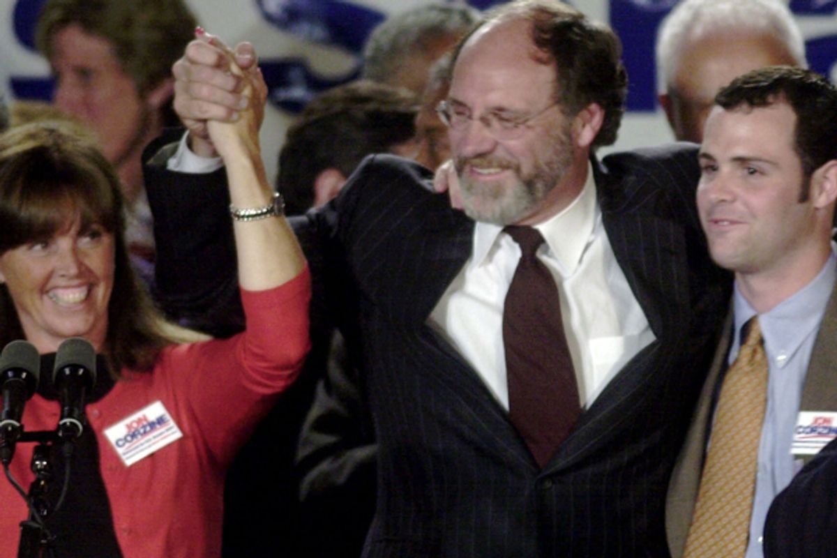 Jon Corzine celebrates his victory in the Democratic primary for the U.S. Senate in 2000.   (AP)
