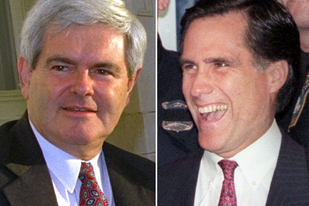 Newt Gingrich and Mitt Romney in 1994.    (AP/Reuters)