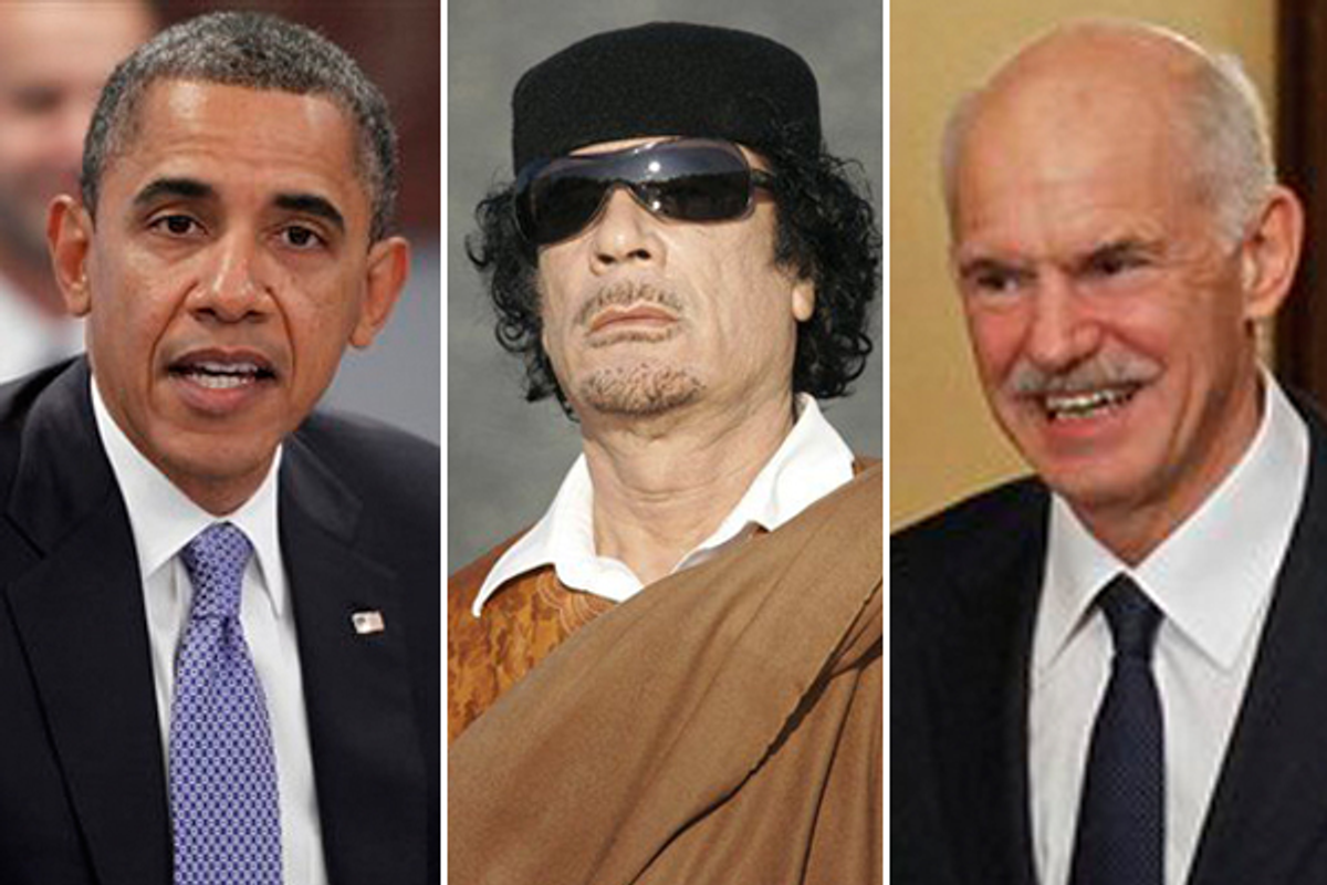 Barack Obama, Moammar Gadhafi and George Papandreou  (AP)