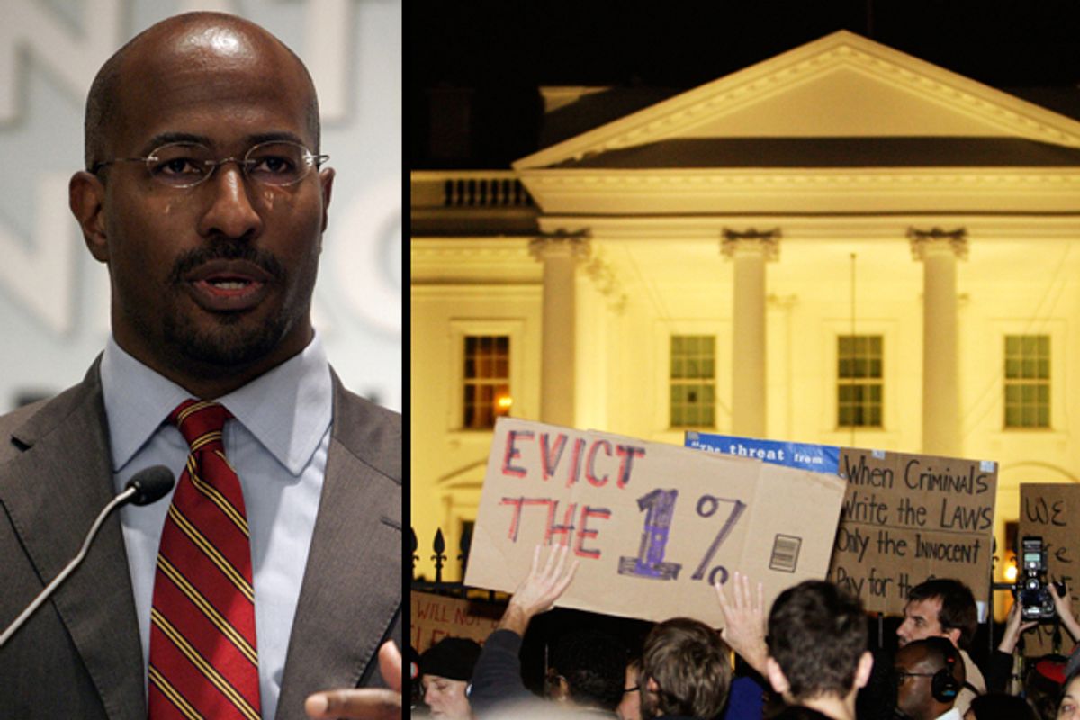 Left: Van Jones. Right: Occupy D.C. protesters march in front of the White House Nov. 15, 2011.  (<span about='http://www.flickr.com/photos/americanprogressaction/3819895883/' xmlns:cc='http://creativecommons.org/ns#'><a href='http://www.flickr.com/photos/americanprogressaction/3819895883/' rel='cc:attributionURL' target='_blank'>Center for American Progress Action Fund</a> / <a href='http://creativecommons.org/licenses/by/3.0/' rel='license' target='_blank'>CC BY 3.0</a></span>/Reuters/Hyungwon Kang)