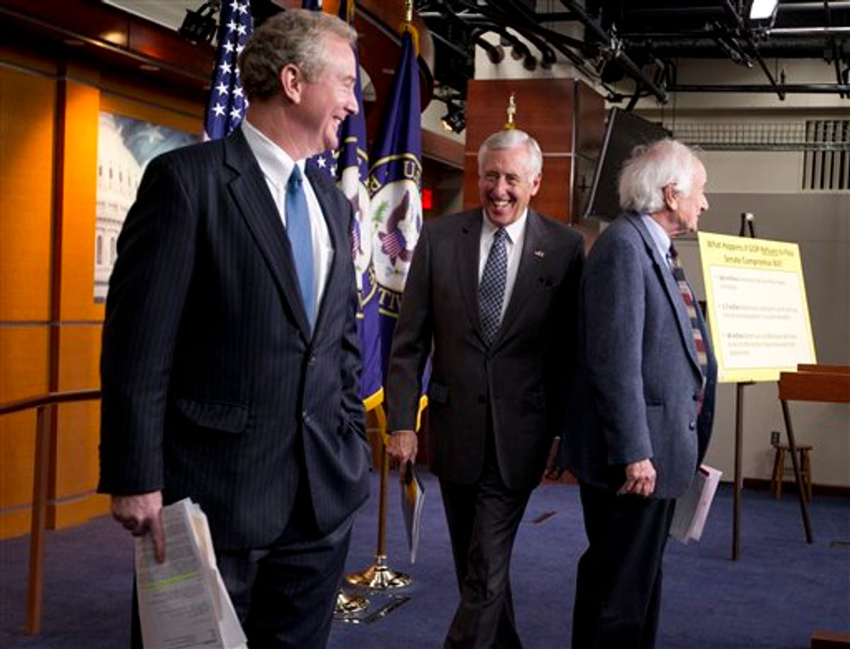 House Minority Whip Rep. Steny Hoyer, D-Md., center, Rep. Chris Van Hollen, D-Md., left, and Rep. Carl Levin, D-Mich., leave a news conference on the payroll tax cut on Capitol Hill on Thursday, Dec. 22, 2011 in Washington.          (AP/Evan Vucci)