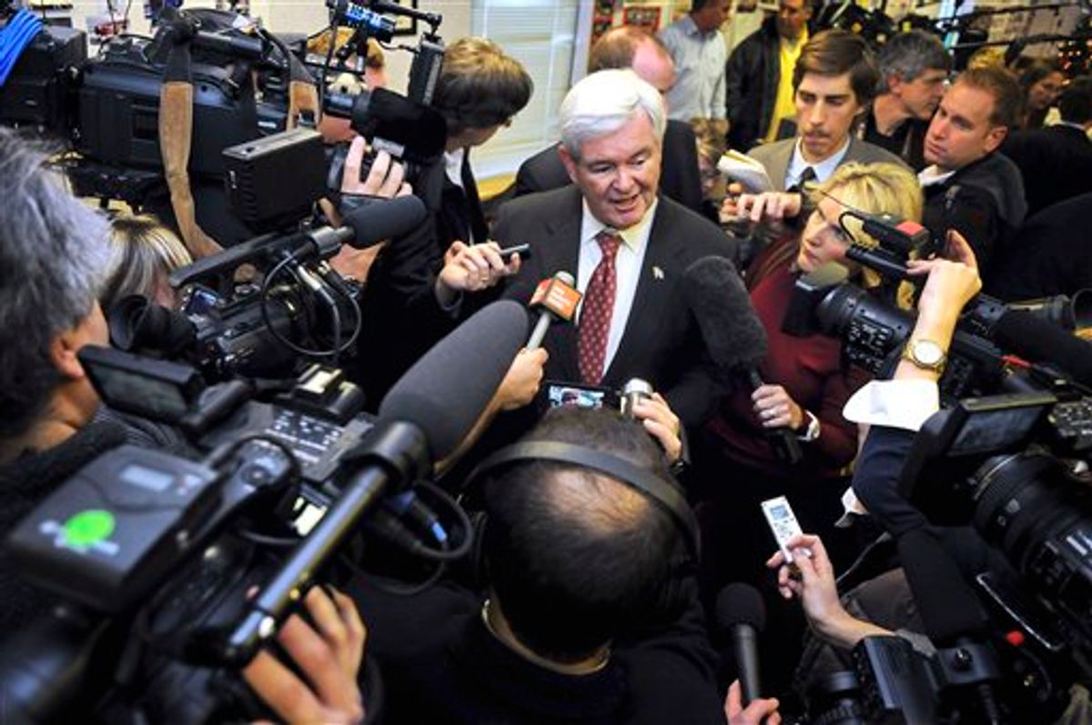 In this Nov. 30, 2011 file photo, Republican presidential candidate, former House Speaker Newt Gingrich speaks at Tommy's Ham House in Greenville, S.C.   (AP)