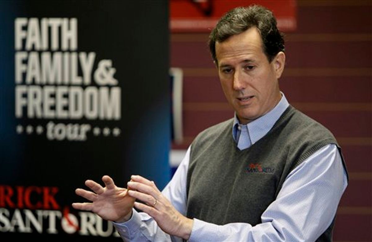 Republican presidential candidate, former Pennsylvania Sen. Rick Santorum speaks during a town hall meeting at the Fort Dodge GOP Headquarters, Tuesday, Dec. 27, 2011, in Fort Dodge, Iowa. (AP Photo/Charlie Neibergall)    (AP)