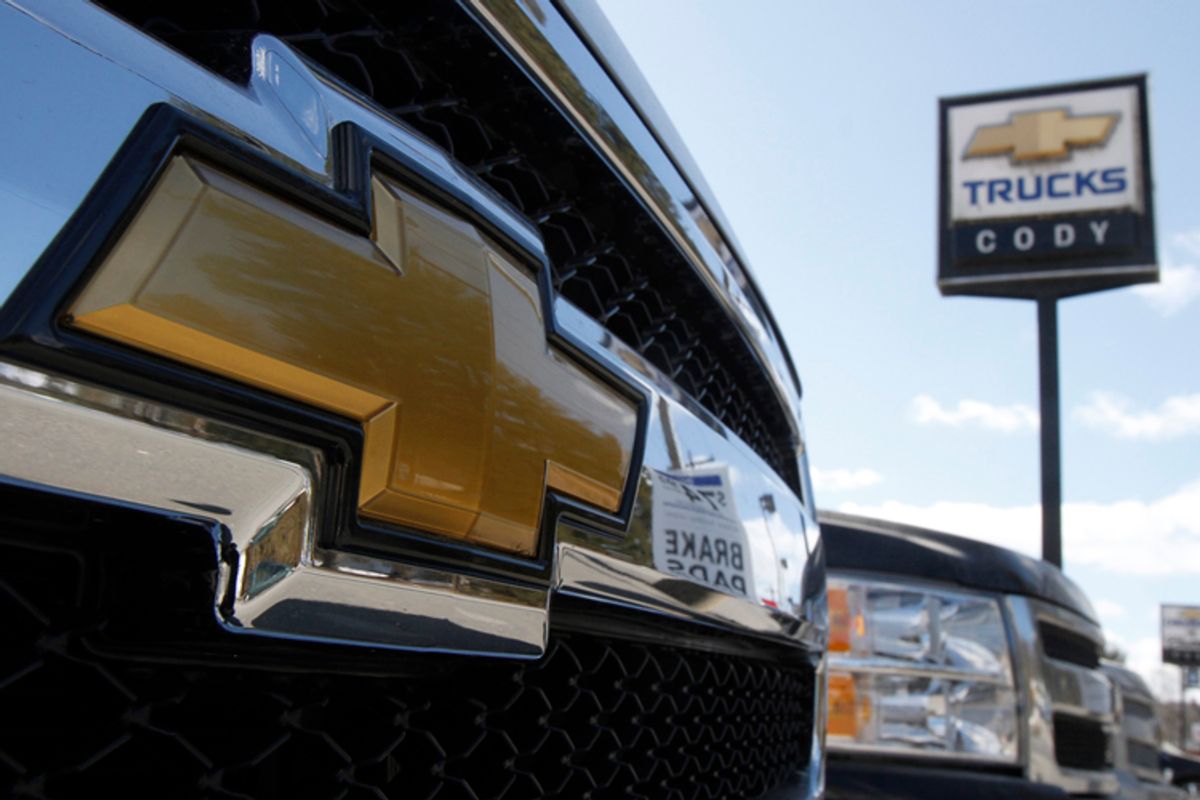 The grill of a Chevrolet Silverado pickup is seen at Cody Chevrolet- Cadillac in Montpelier, Vt.       (AP/Toby Talbot)