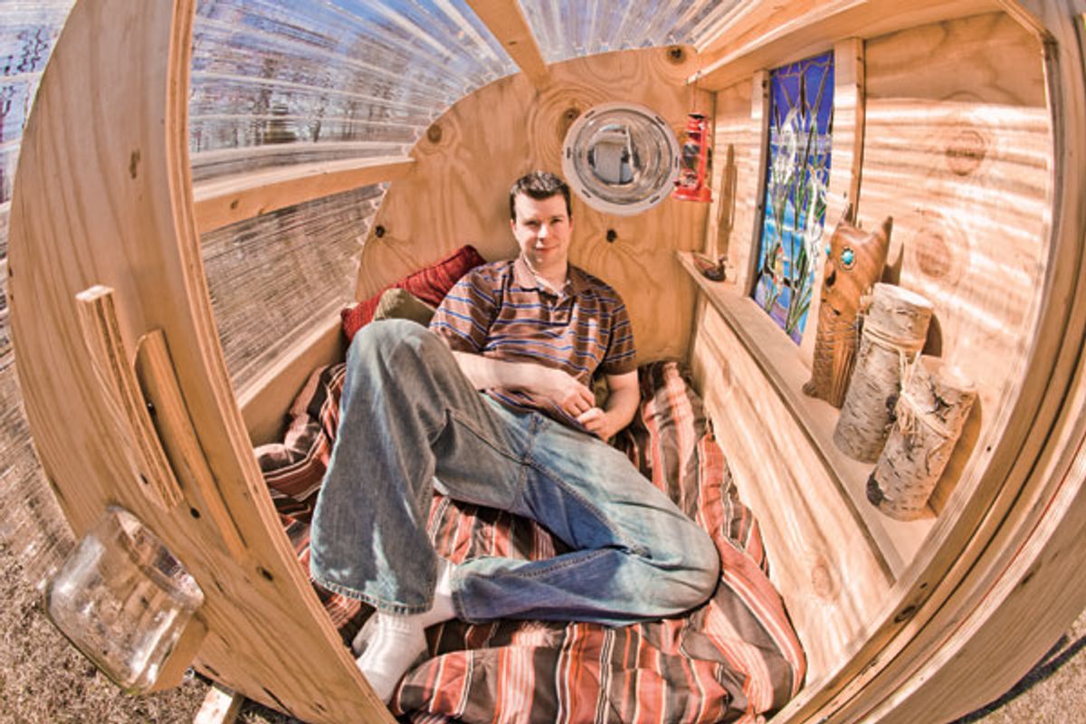 Author Deek Diedricksen in his $100 disaster relief shelter, the "GottaGiddaWay."   (Bruce Bettis/Reprinted with permission from Lyons Press)