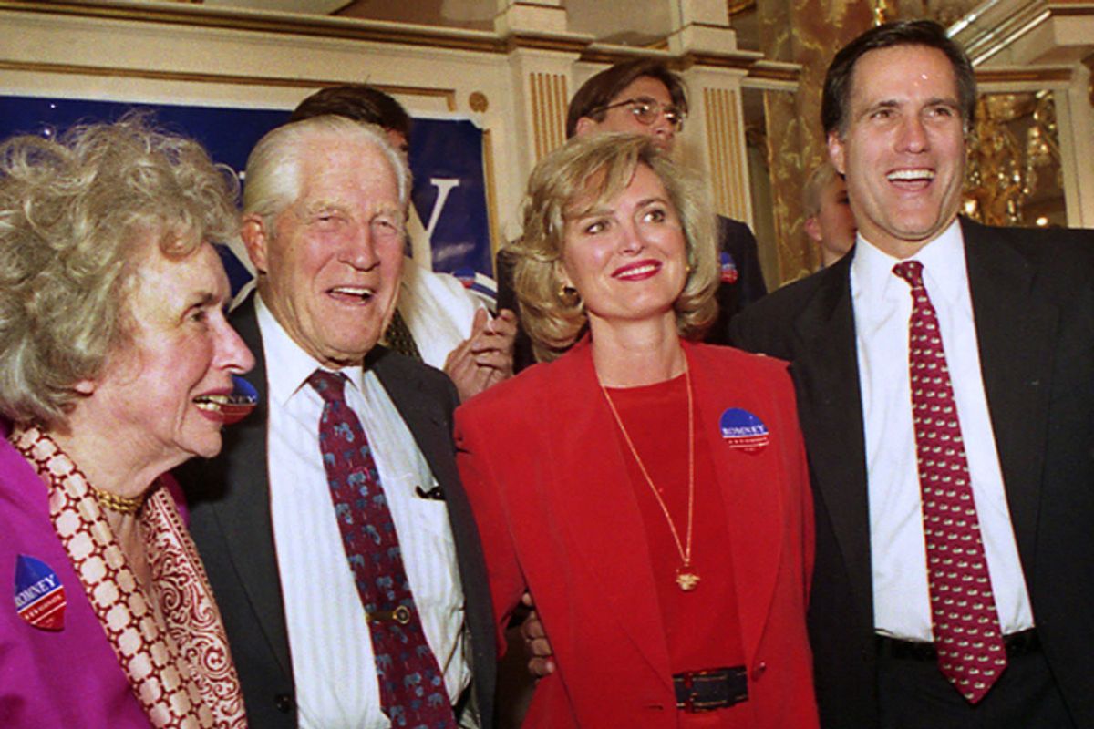 In this Feb. 2, 1994 file photo, Mitt Romney acknowledges the crowd after announcing his candidacy for the Senate. With Romney on stage are, from left to right, his mother Lenore Romney, his father George Romney, former governor of Michigan and one-time presidential candidate, and wife Ann.       (AP)