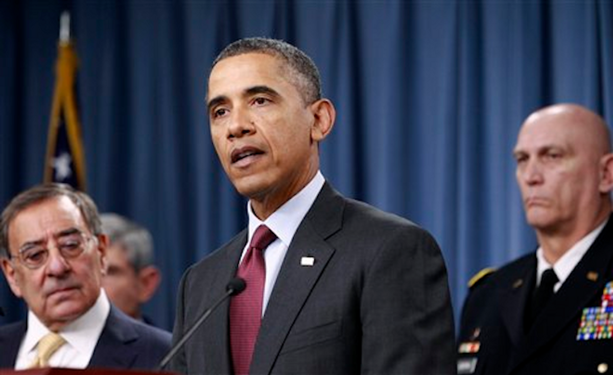 resident Barack Obama delivers speaks on the Defense Strategic Review, Thursday, Jan. 5, 2012, at the Pentagon  (AP Photo/Haraz N. Ghanbari)