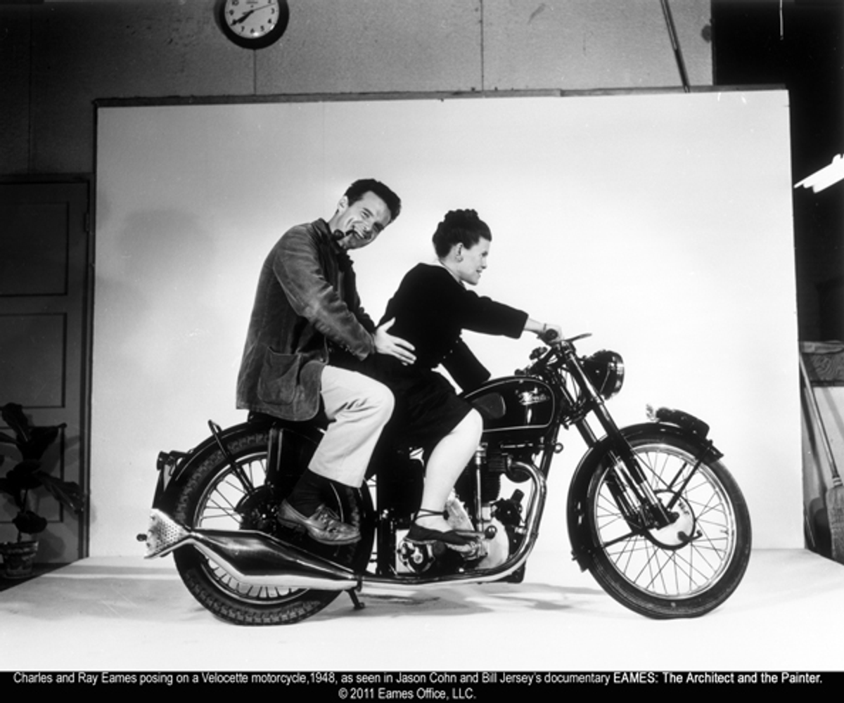 Charles and Ray Eames posing on a Velocette motorcycle in 1948   (Eames Office LLC)