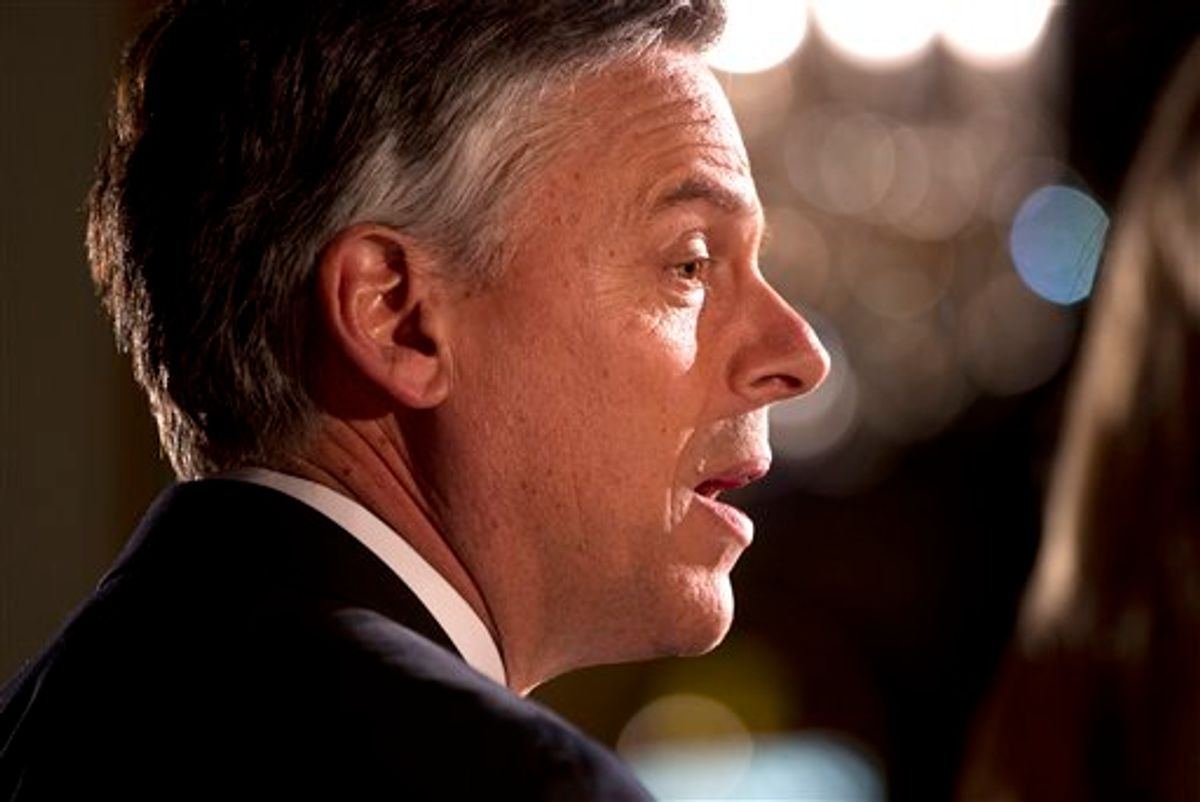 Republican presidential candidate, former Utah Gov. Jon Huntsman speaks at a primary election night rally Tuesday, Jan. 10, 2012, in Manchester, N.H.  (AP Photo/Evan Vucci)    (AP)