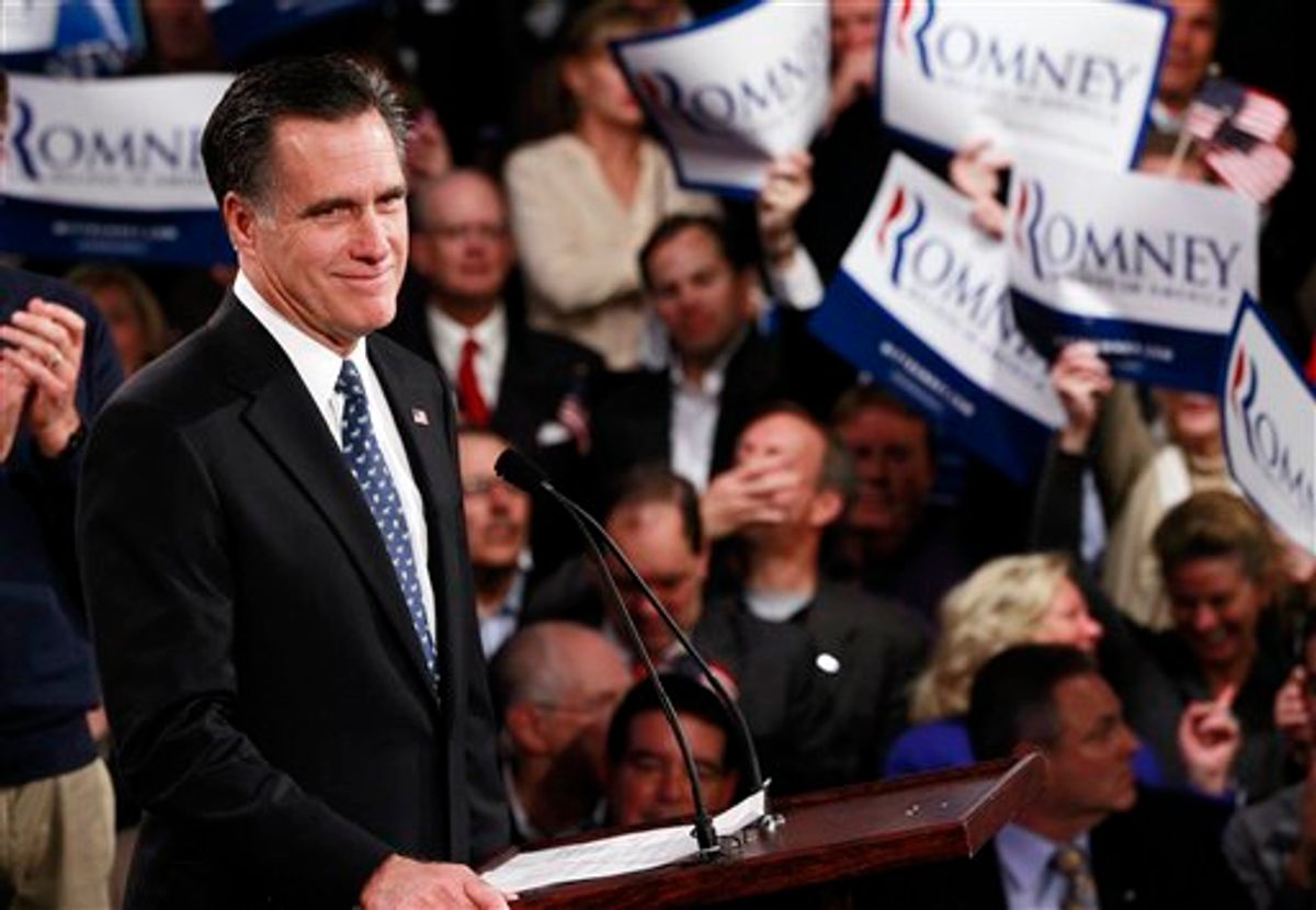 Republican presidential candidate, former Massachusetts Gov. Mitt Romney, celebrates his New Hampshire primary election win in Manchester, N.H., Tuesday, Jan. 10, 2012. (AP Photo/Charles Dharapak)   (AP)