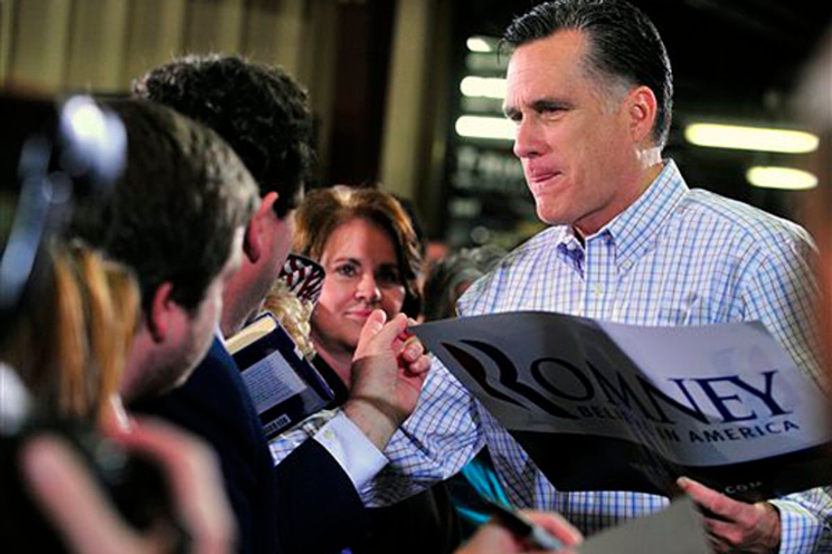 Republican presidential candidate Mitt Romney meets supporters at Cherokee Trike and More in Greer, S.C., Thursday, Jan. 12, 2012.     (AP/Michael Justus)