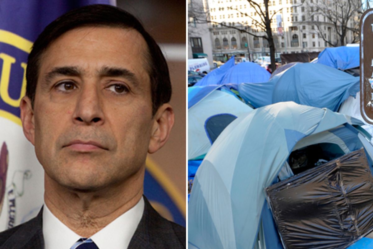 Darrell Issa and the Occupy DC camp at McPherson Square      (AP)