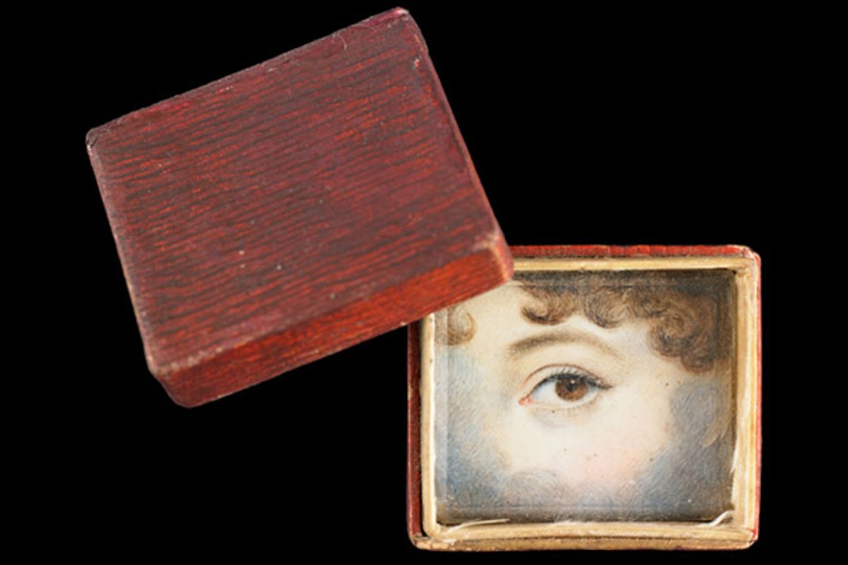 A “memory box” made of embossed and painted paper containing eye miniature, ca. 1830.  (Skier Collection)