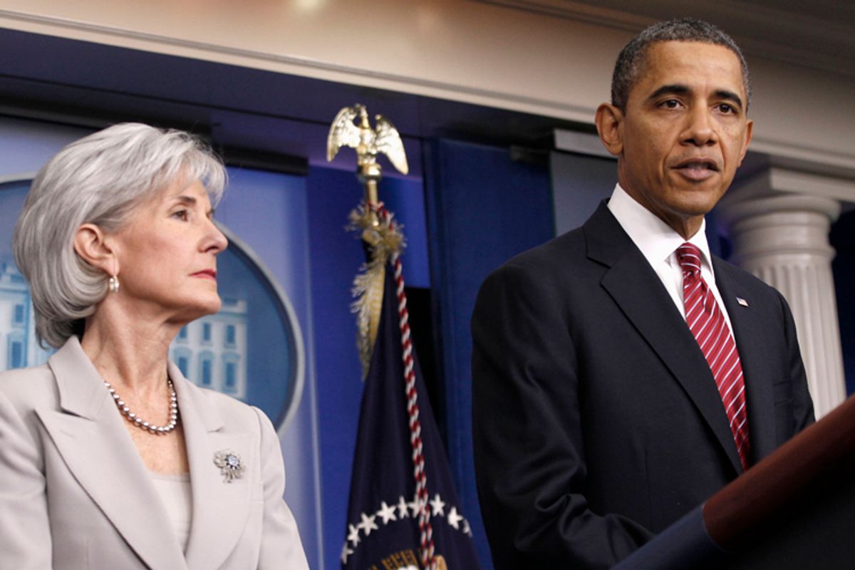 President Barack Obama, accompanied by Health and Human Services Secretary  Kathleen Sebelius, announces the revamp of his contraception policy       (AP/Pablo Martinez Monsivais)