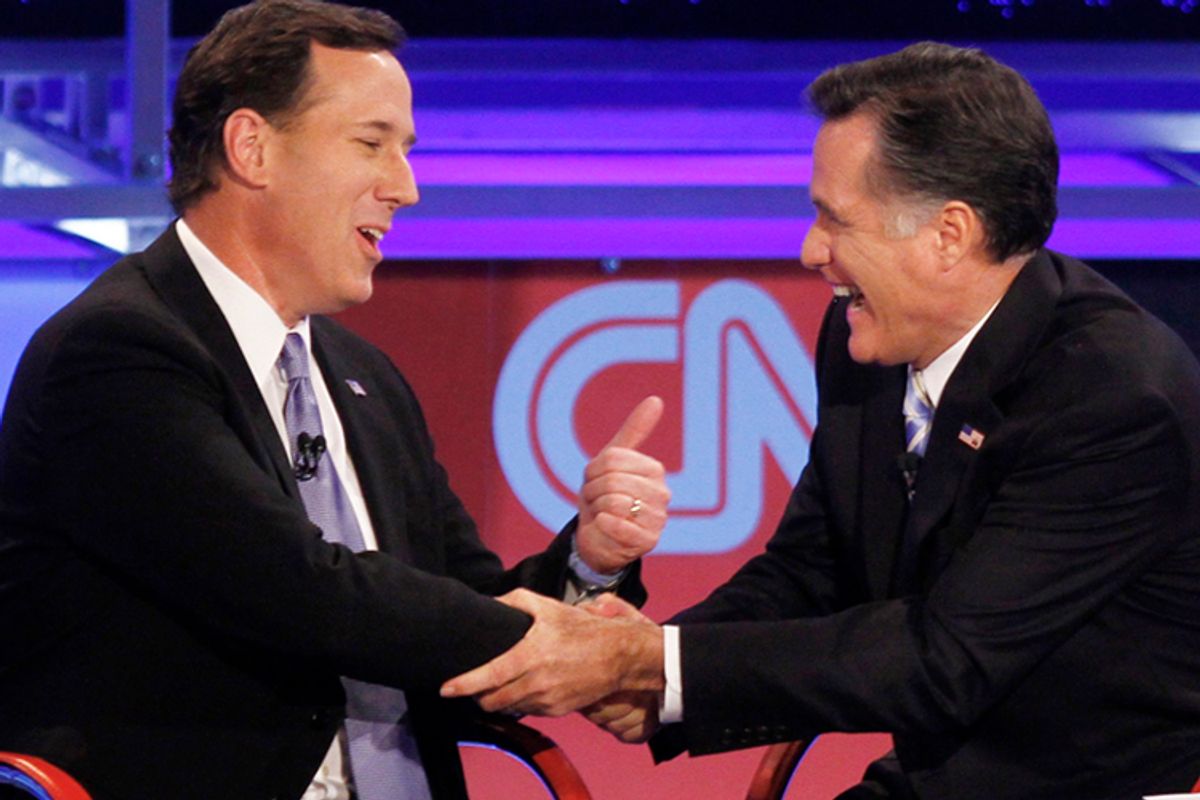 U.S. Republican presidential candidates former U.S. Senator Rick Santorum and former Massachusetts Governor Mitt Romney (Joshua Lott / Reuters)