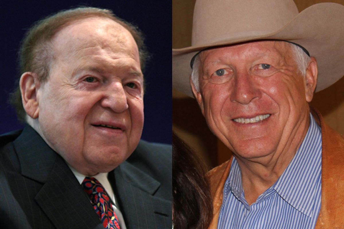 Sheldon Adelson and Foster Friess    (Reuters/<span about='http://www.flickr.com/photos/resolutemediagroup/6329772504/' xmlns:cc='http://creativecommons.org/ns#'><a href='http://www.flickr.com/photos/resolutemediagroup/6329772504/' rel='cc:attributionURL' target='_blank'>Voices To Action with Alice Linahan</a> / <a href='http://creativecommons.org/licenses/by/3.0/' rel='license' target='_blank'>CC BY 3.0</a></span>)
