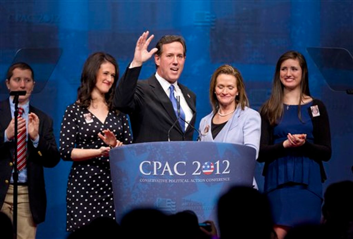 Republican presidential candidate Rick Santorum speaking to the Conservative Political Action Conference in Washington, Friday, Feb. 10, 2012.     (AP)