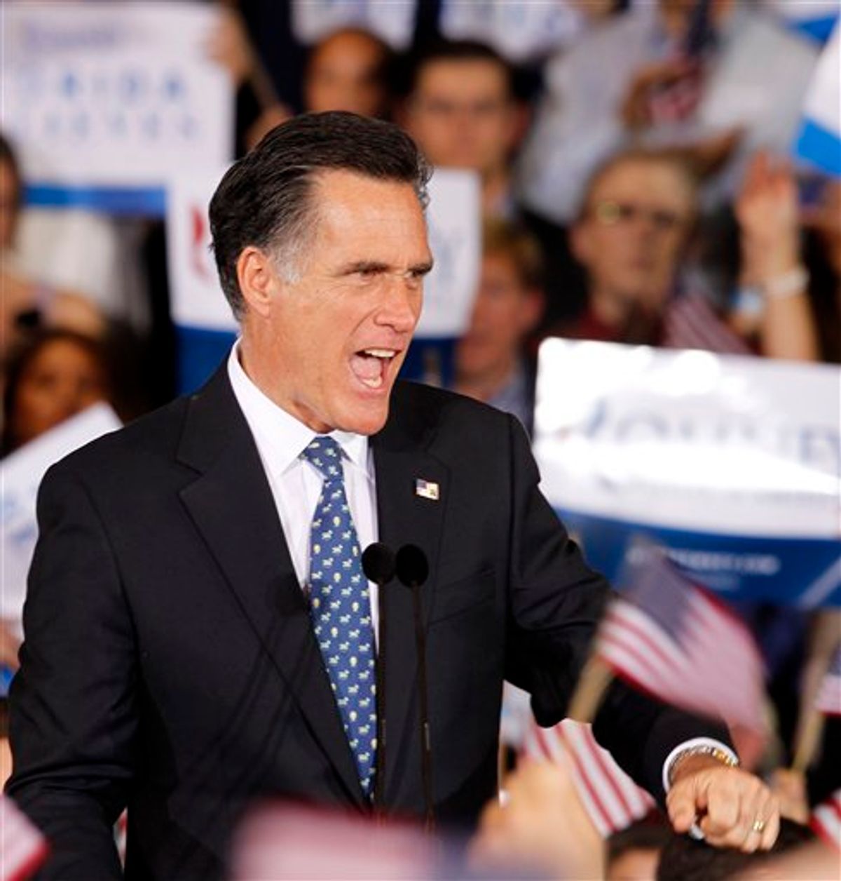 Republican presidential candidate, former Massachusetts Gov. Mitt Romney, reacts to supporters at his Florida primary primary night rally in Tampa, Fla., Tuesday, Jan. 31, 2012. (AP Photo/Gerald Herbert)         (AP)