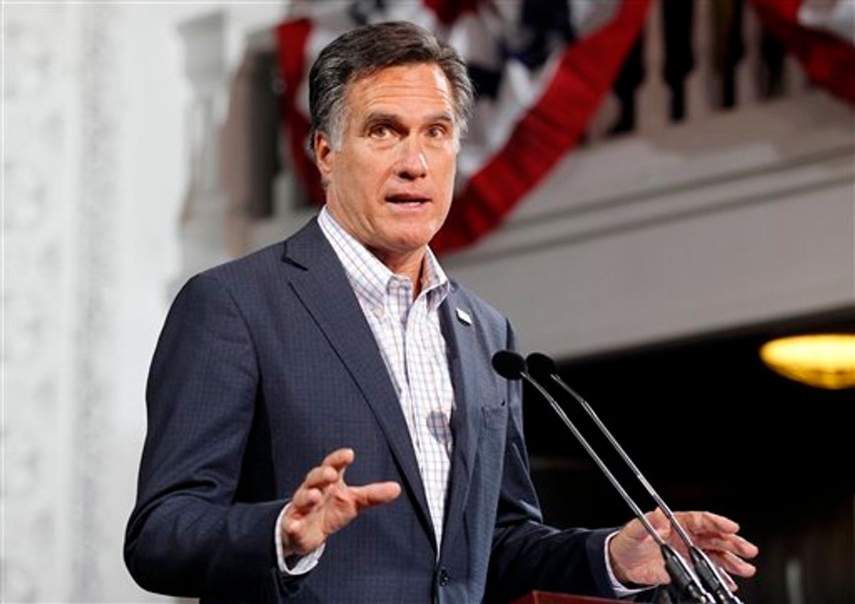 Republican presidential candidate, former Massachusetts Gov. Mitt Romney speaks at his Colorado caucus night rally in Denver, Tuesday, Feb. 7, 2012. (AP Photo/Gerald Herbert)     (AP)