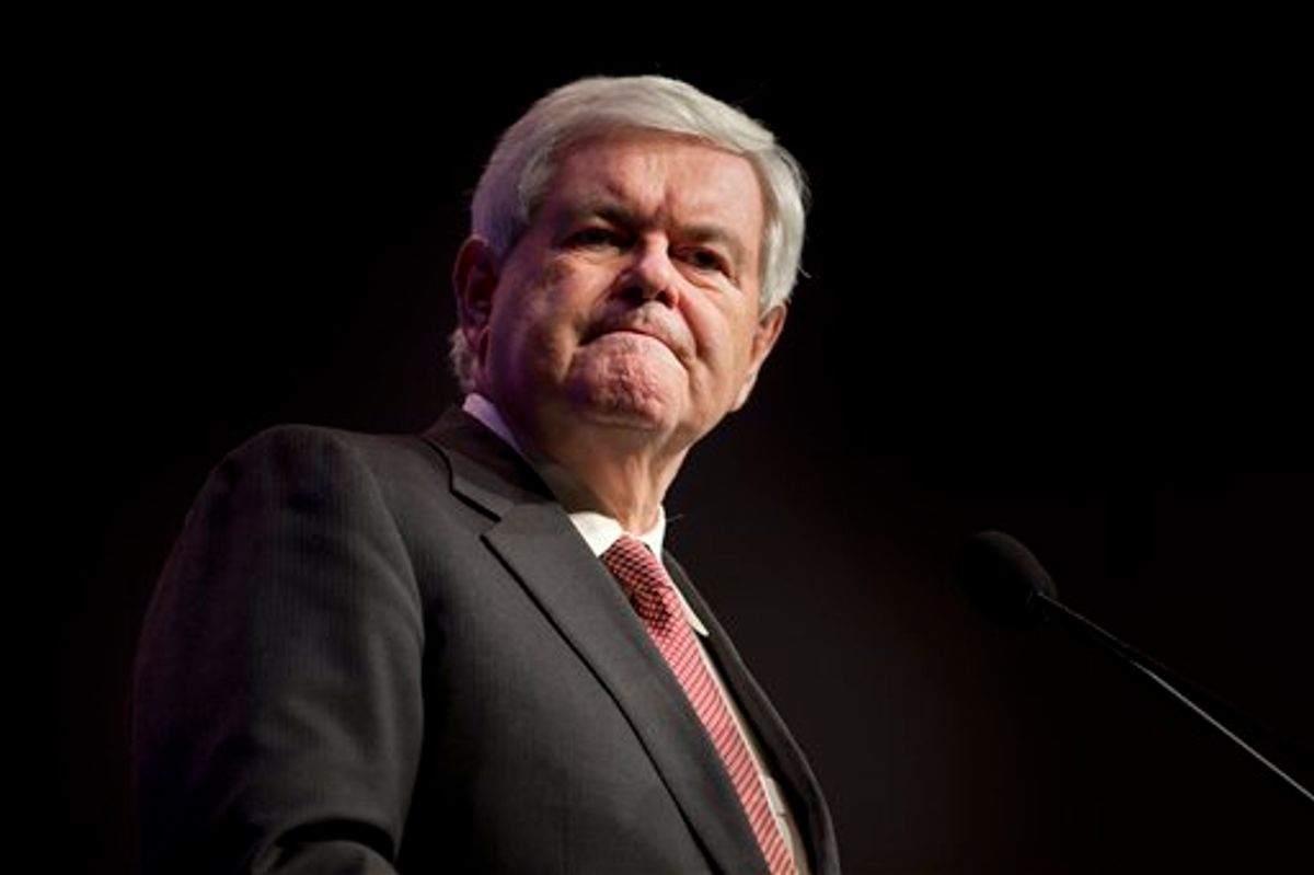 Republican presidential candidate, former House Speaker Newt Gingrich speaks during a campaign stop at the International Church of Las Vegas on Friday, Feb. 3, 2012 in Las Vegas, Nev.  (AP Photo/Evan Vucci)     (AP)