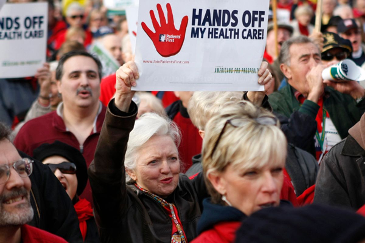 Demonstrators protest against the healthcare bill outside the Capitol in Washington on Dec. 15, 2009.                                  (Kevin Lamarque / Reuters)