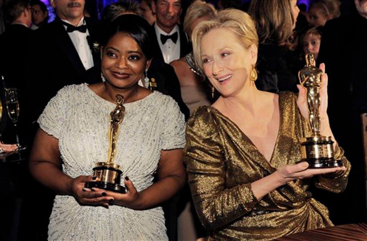 Octavia Spencer with the Oscar for best actress in a supporting role for "The Help", left, and Meryl Streep with the Oscar for best actress in a leading role for "The Iron Lady." (AP Photo/Chris Pizzello)             (AP)