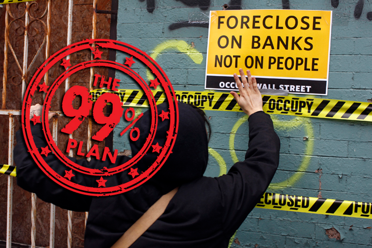 An Occupy Wall Street demonstrator pastes signs to a foreclosed property in Brooklyn on Dec. 6, 2011.     (REUTERS/Mike Segar)