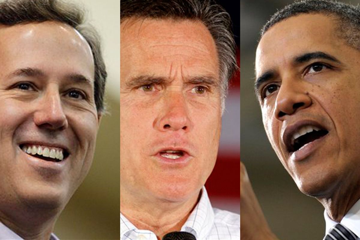  Rick Santorum, Mitt Romney and President Barack Obama           (AP)