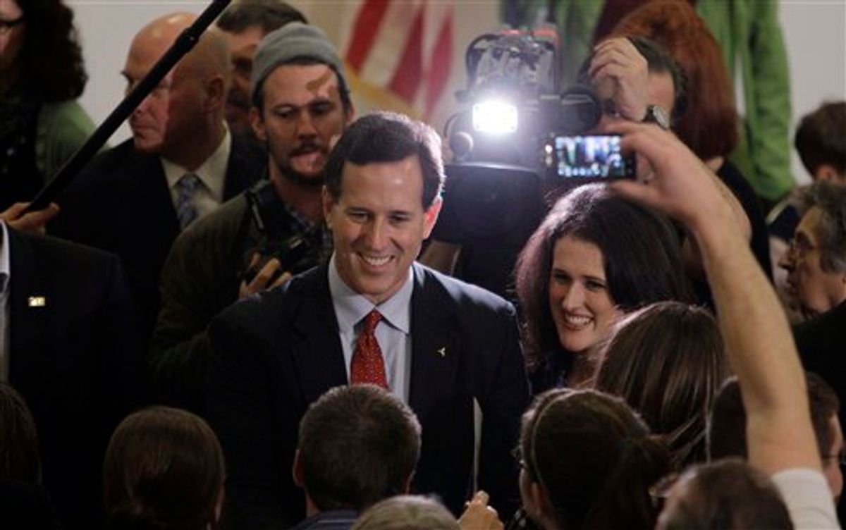 Republican presidential candidate, former Pennsylvania Sen. Rick Santorum, left, with his daughter, Elizabeth, right, visits with supportes during a campaign rally, Sunday, Feb. 26, 2012, in Davison, Mich.  (AP Photo/Eric Gay)  (AP)