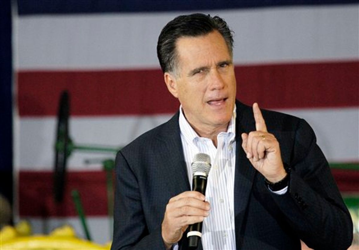 Republican presidential candidate, former Massachusetts Gov. Mitt Romney speaks at the Mississippi Farmers Market in Jackson, Miss., Friday, March 9, 2012. (AP Photo/Rogelio V. Solis)   (AP)