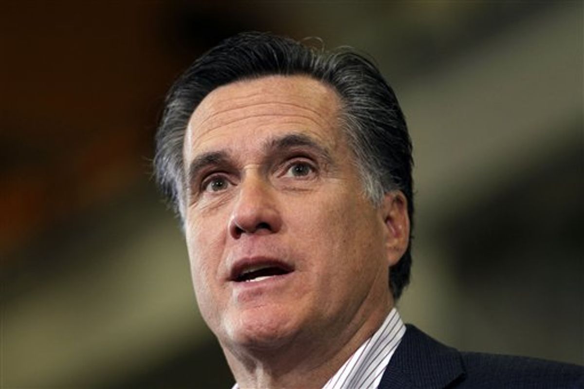 Republican presidential candidate, former Massachusetts Gov. Mitt Romney holds a town hall meeting at Taylor Winfield in Youngstown, Ohio, Monday, March 5, 2012. (AP Photo/Gerald Herbert)   (AP)